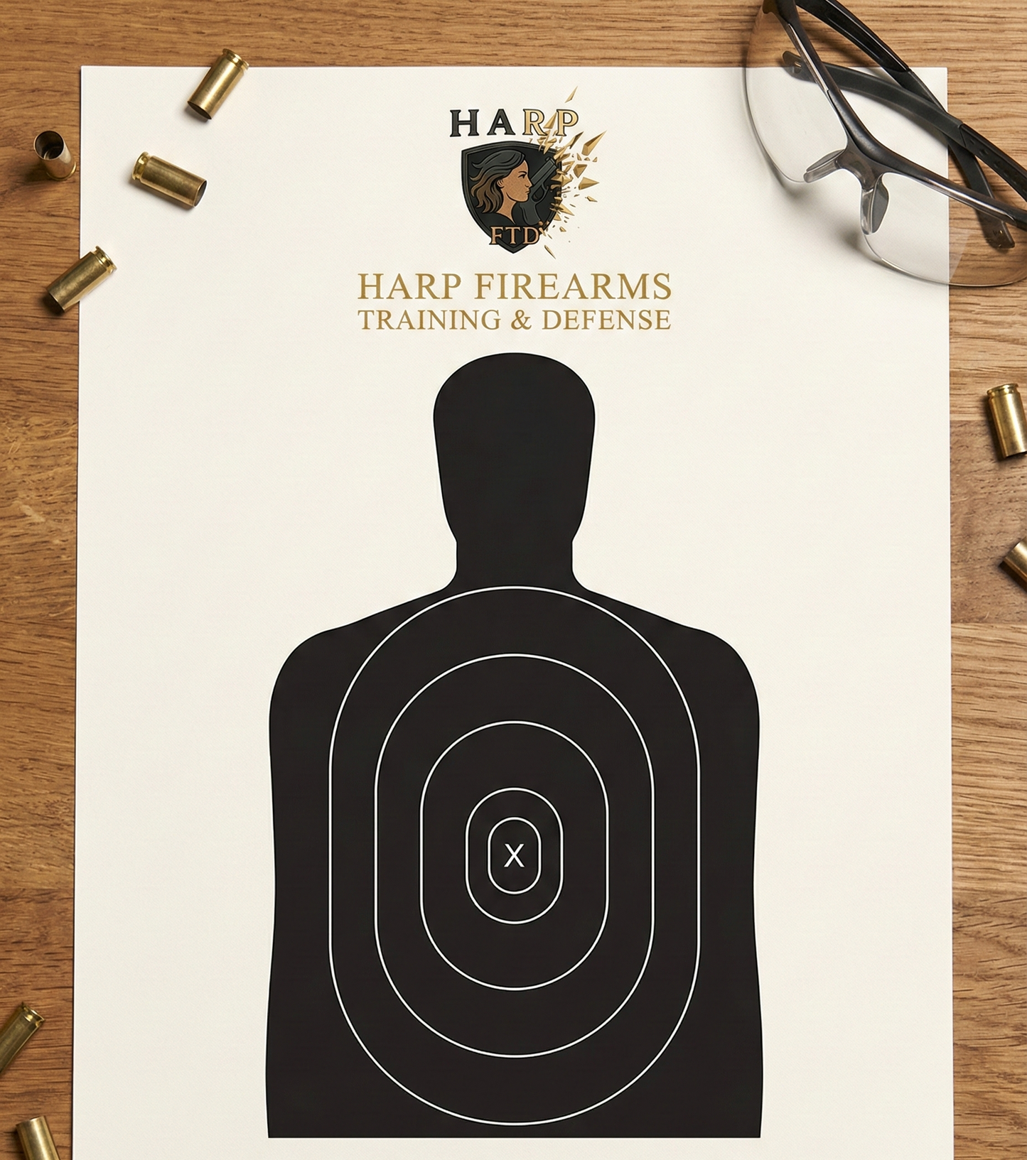 Harp Firearms training and defense target paper on a wooden surface with bullets around.