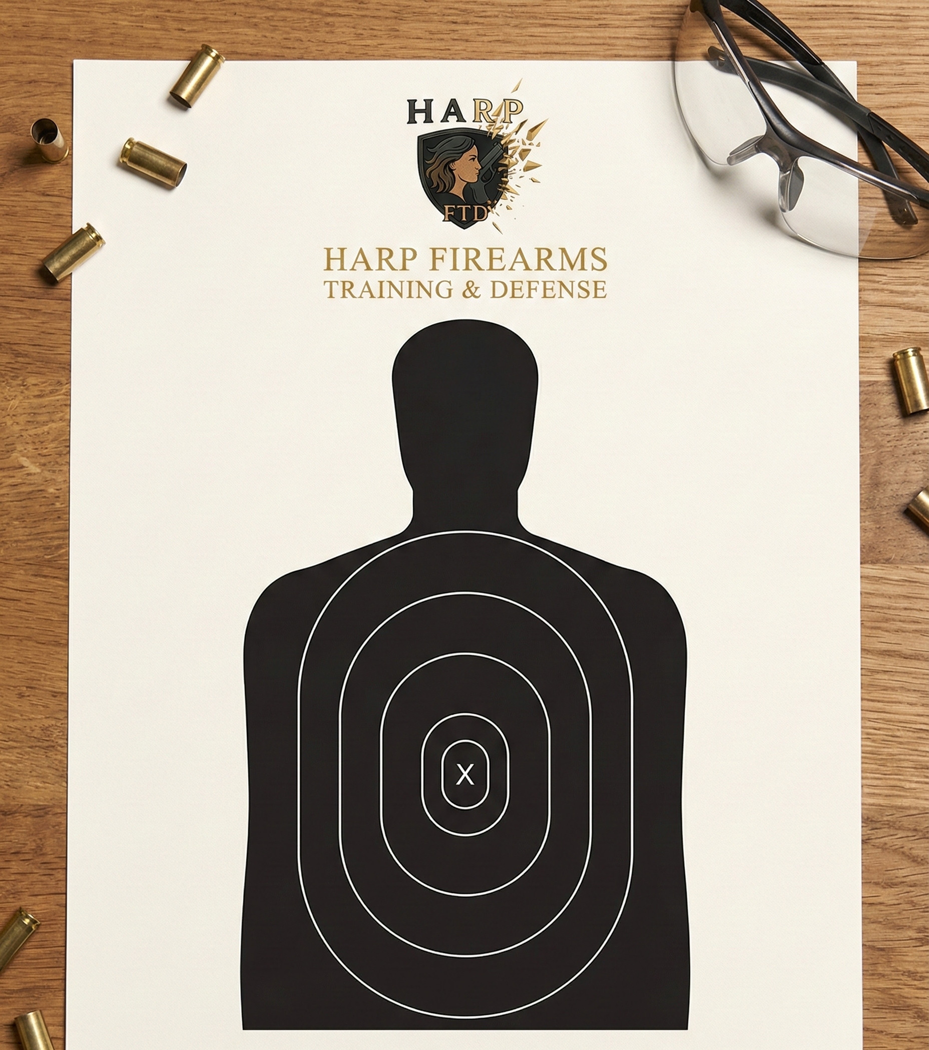 Harp Firearms training and defense target paper on a wooden surface with bullets around.