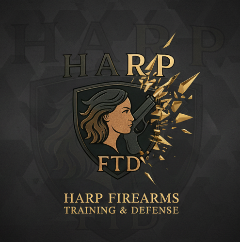 Logo for Harp Firearms Training & Defense with a stylized woman's profile and gun on a dark background.